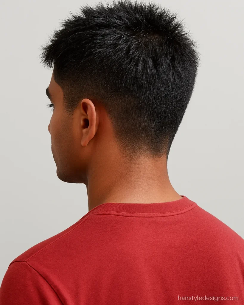 Short messy hairstyle for boys with a crew cut and spiky top