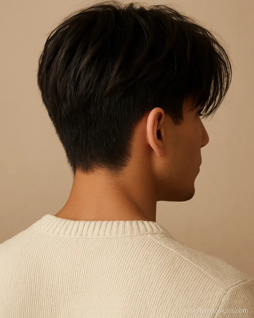Messy hairstyle with a loose curtain fringe and middle part