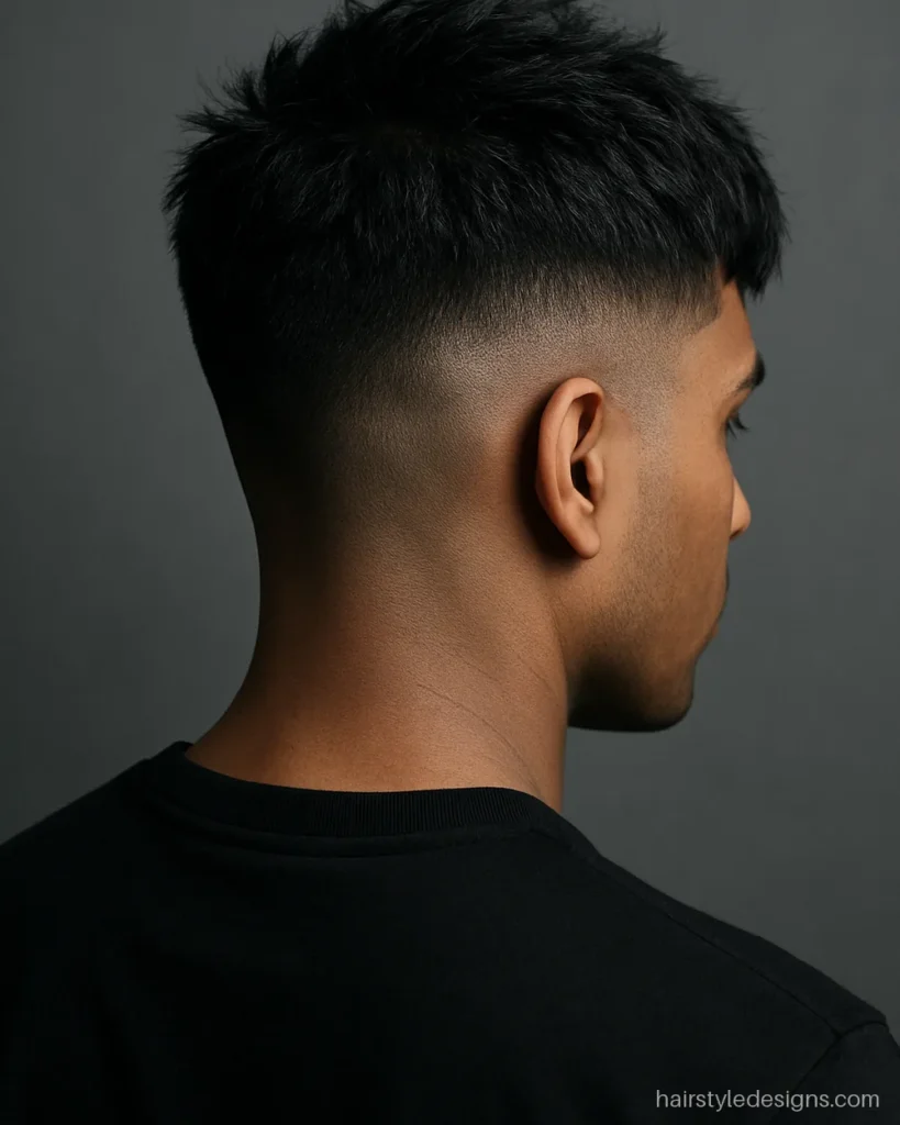 Messy French crop hairstyle with a short textured fringe and high fade