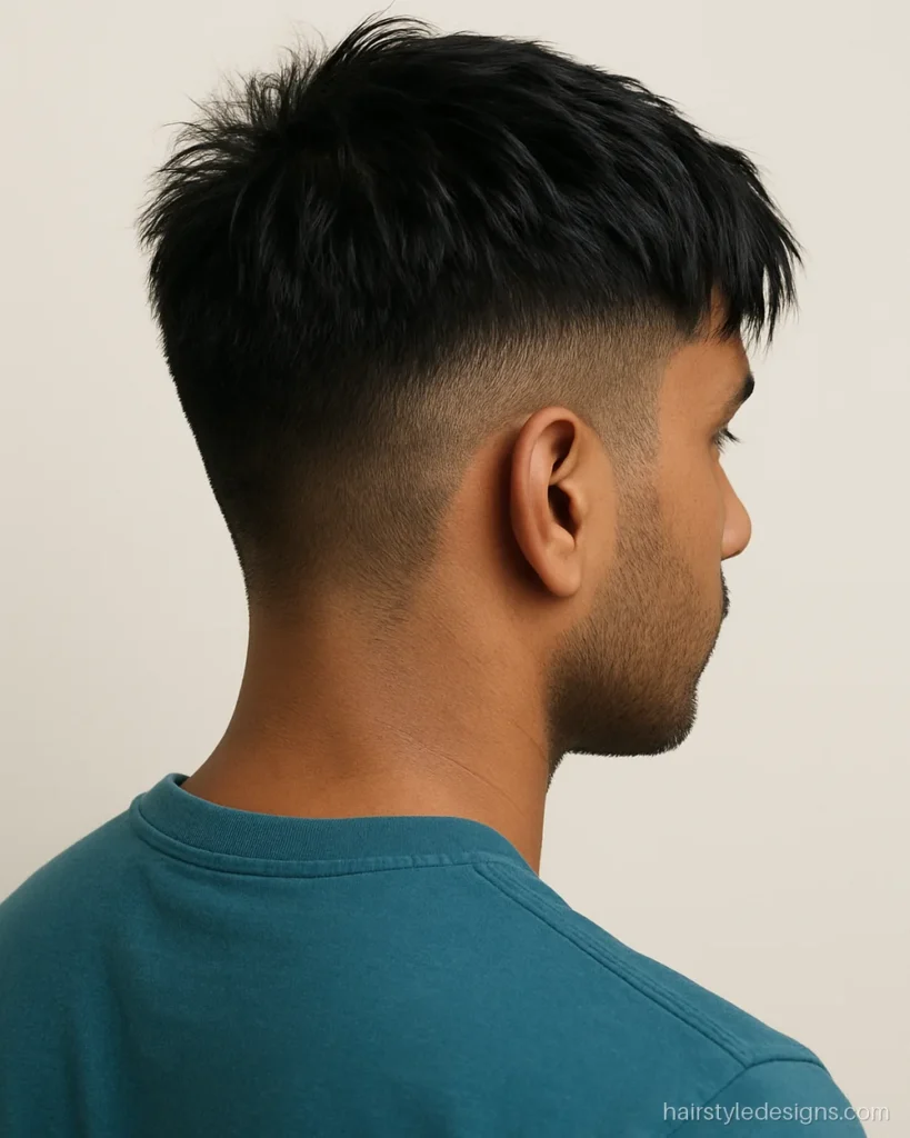 Front messy hairstyle with a choppy fringe pushed forward