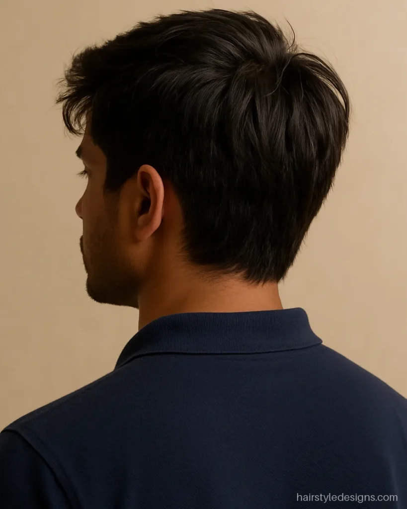 Medium length textured hairstyle for men swept loosely to one side
