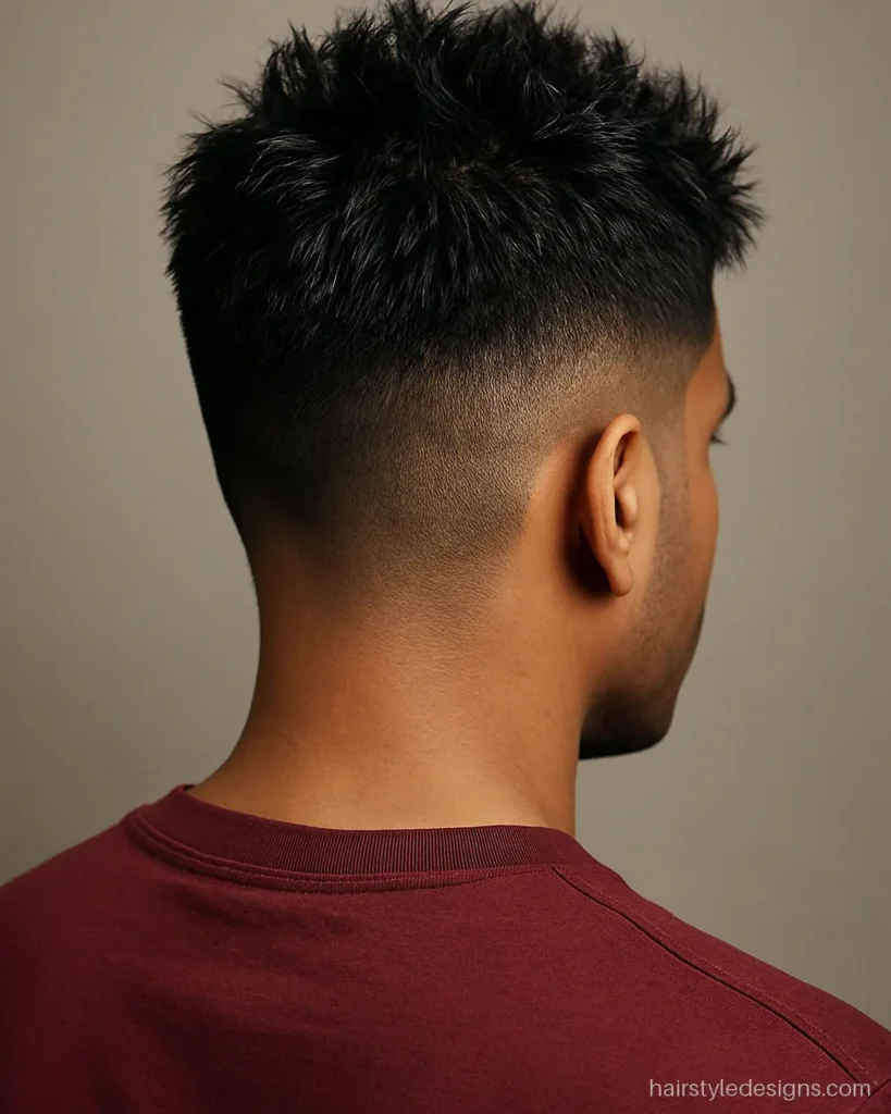 Short messy hairstyle for men with thick hair and a mid fade