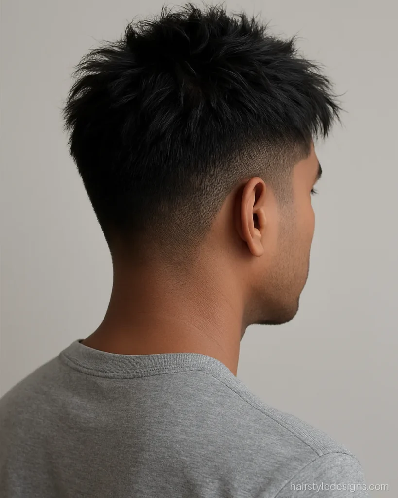 Messy textured hairstyle men like, with a low fade and choppy top