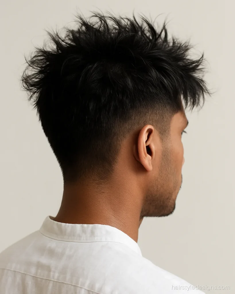 Messy volume hairstyle for men with a lifted top and mid taper
