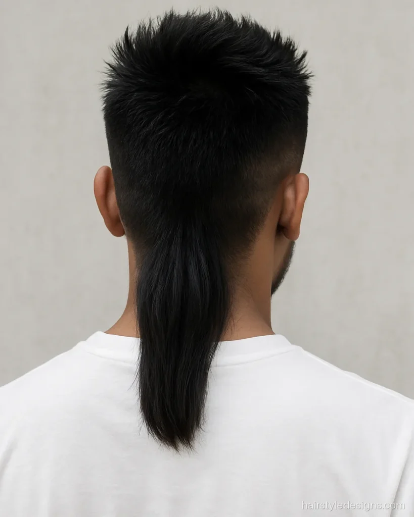 Back funk hairstyle male with medium length tail and short sides
