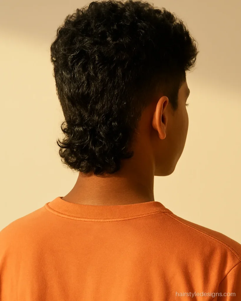 Mullet hairstyle boy with short natural curls and tapered sides