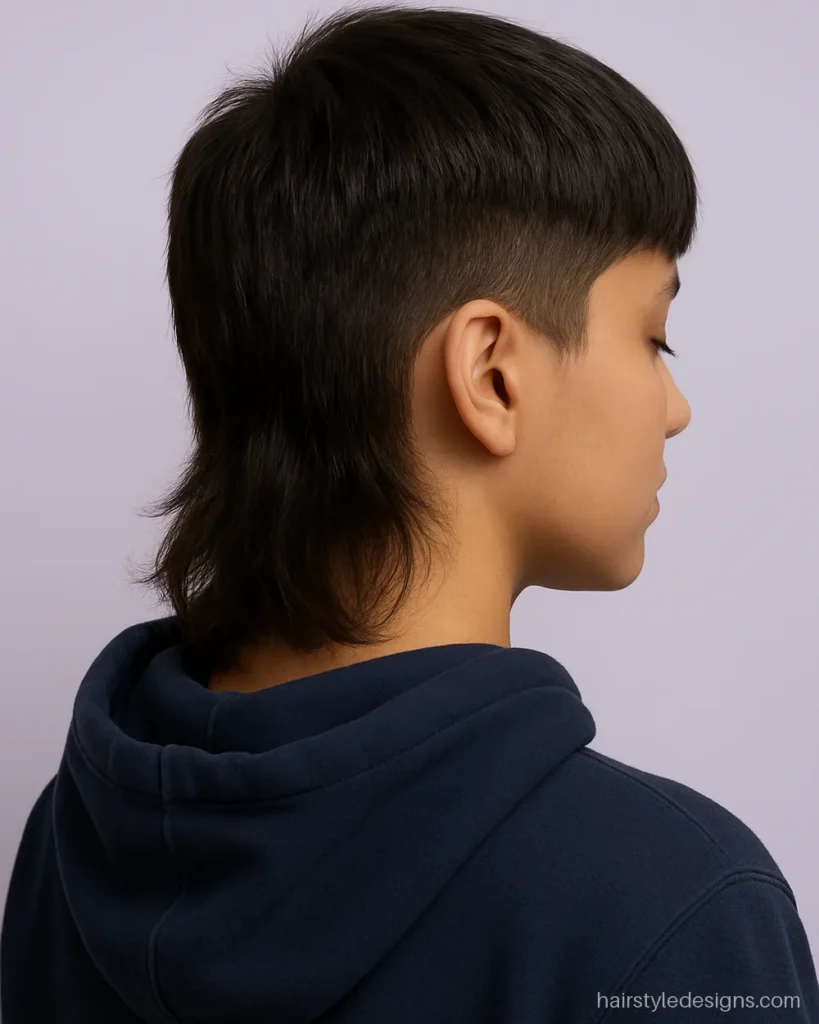 Mullet hairstyle boys like with a forward fringe and fluffy back