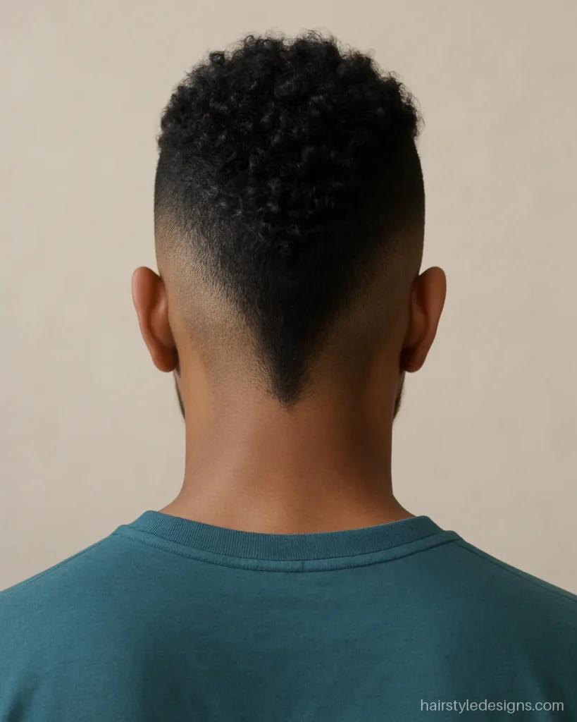 Burst fade mohawk hairstyle with curly hair on the centre strip