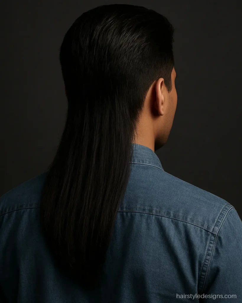 Classic mullet hairstyle with short top and long straight back