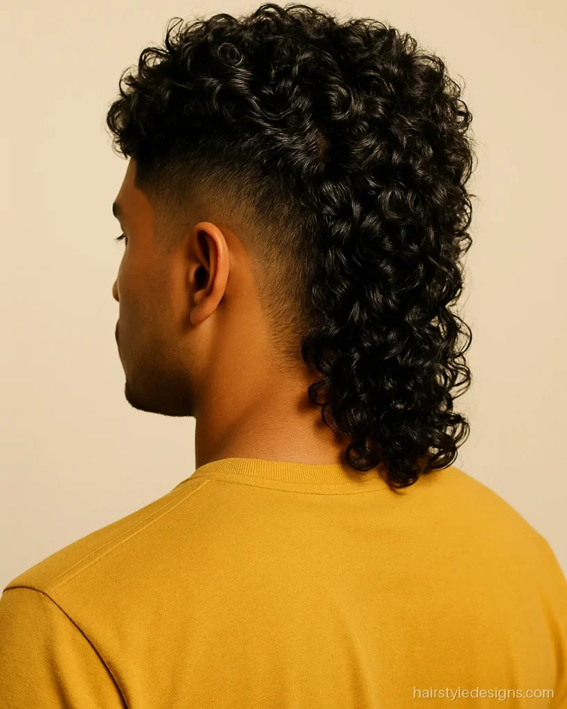 Curly mullet hairstyle with defined curls on top and a curly back