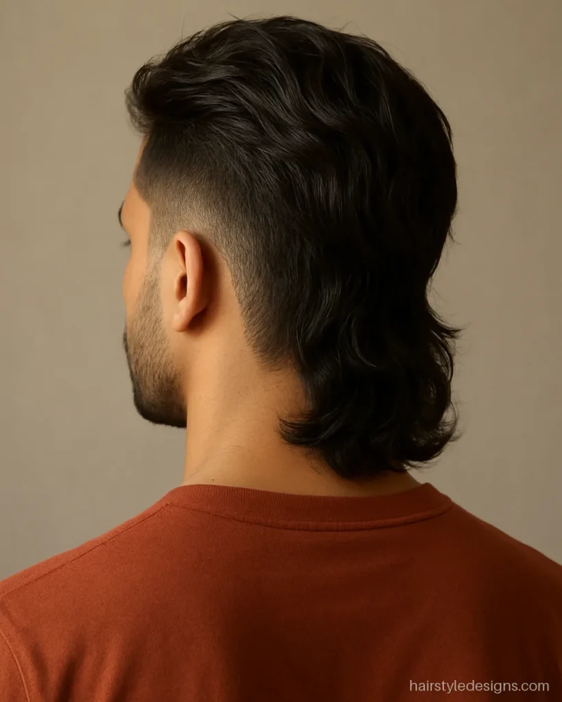 Mullet cutting hairstyle with a drop fade that dips behind the ear