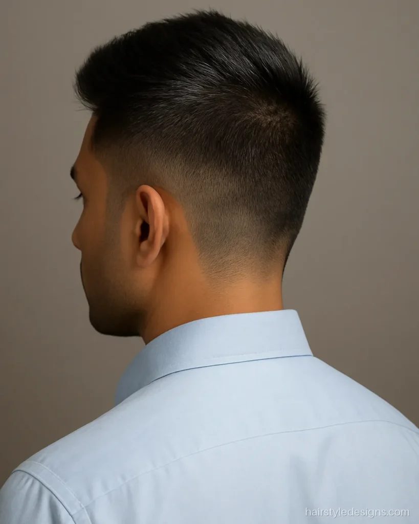 Faux hawk hairstyle with a low fade and hair pushed to the centre