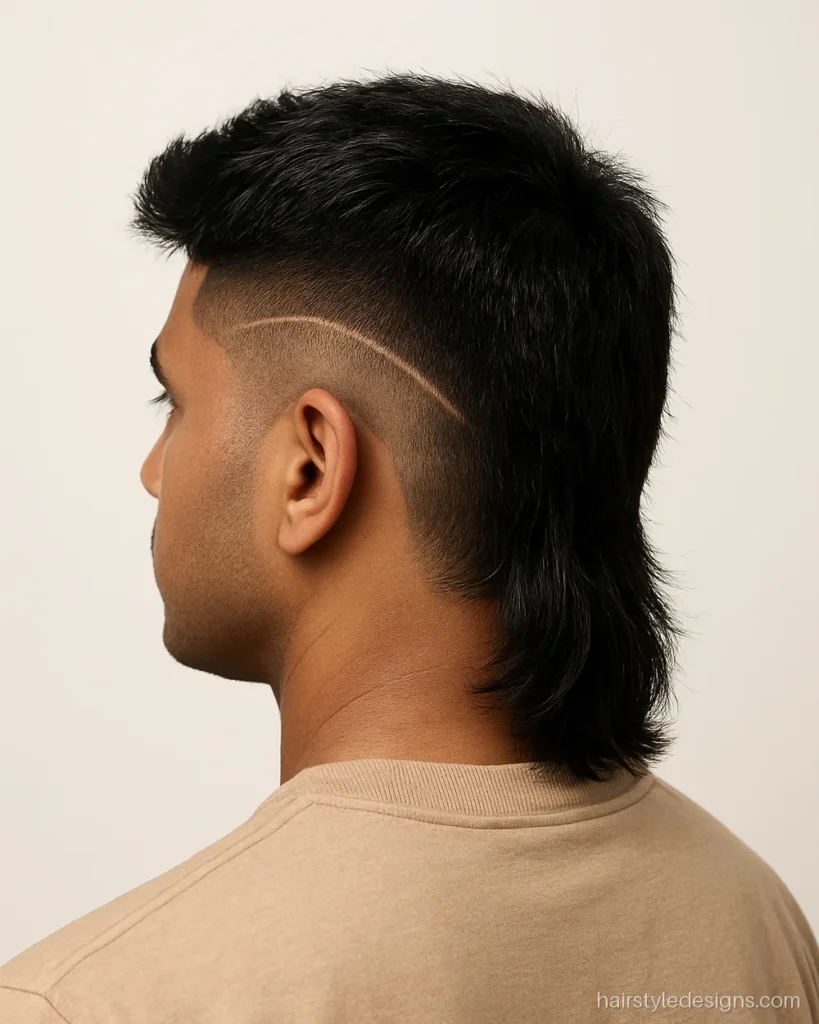 Mullet funk hairstyle with a shaved line in a burst fade