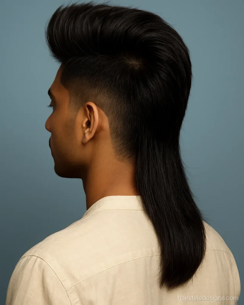 Funk hairstyle men with a tall quiff front and long mullet back