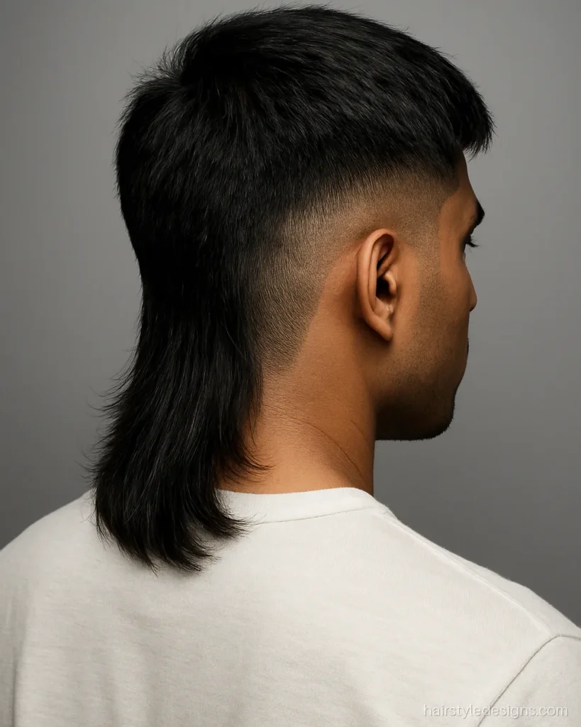 Low fade mullet hairstyle with skin fade just above the ear