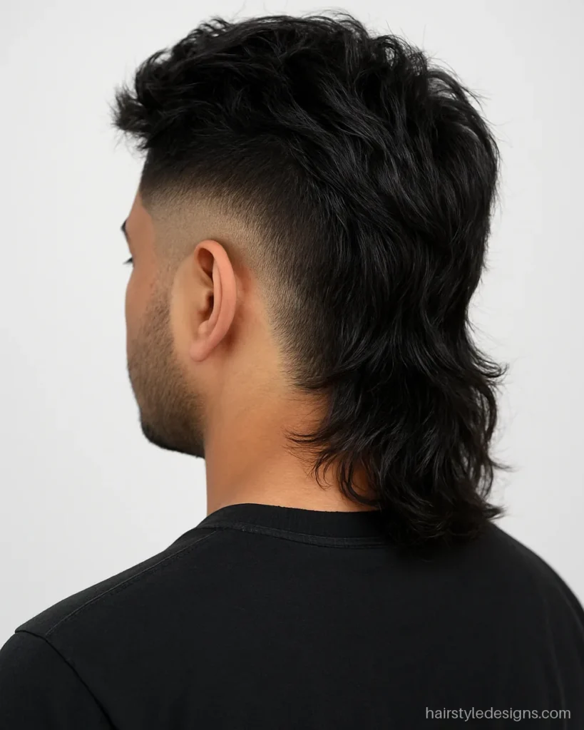 Fade mullet hairstyle with a burst fade curving around the ear