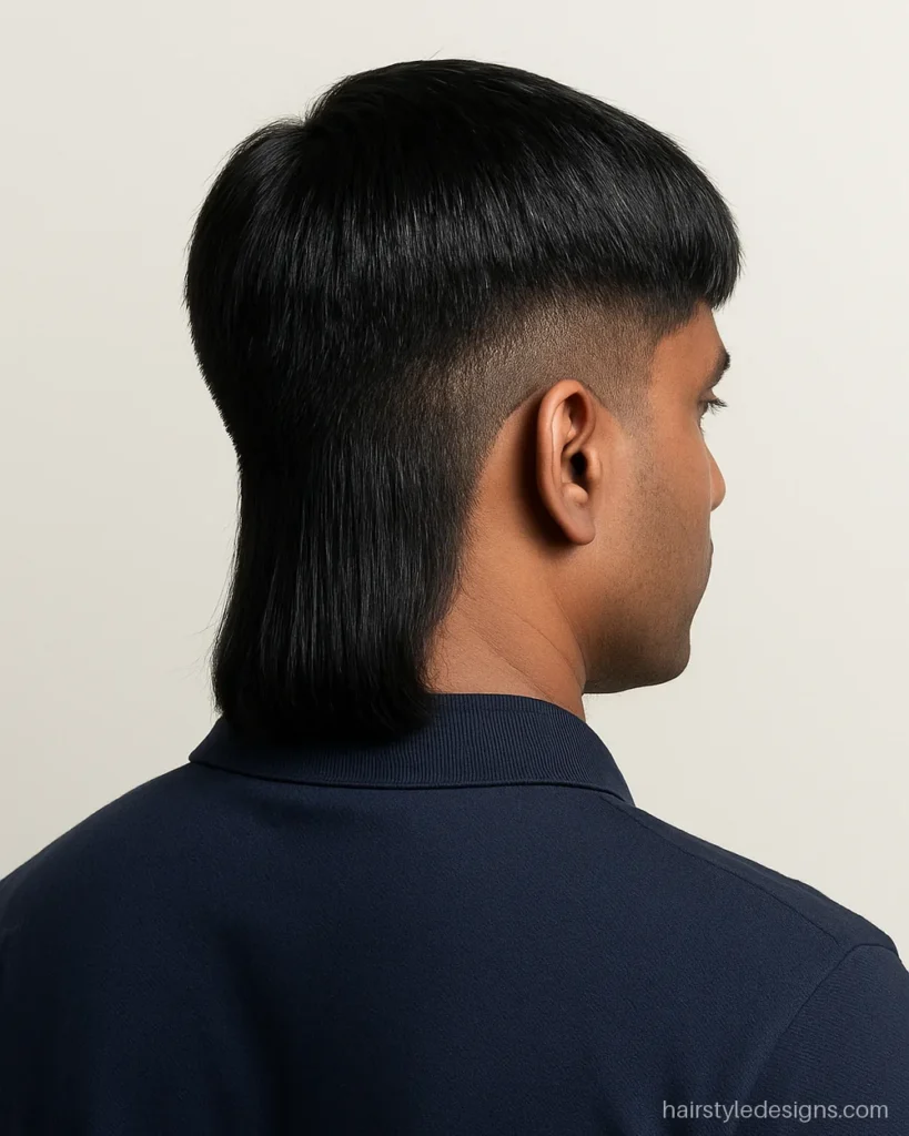 Modern mullet bullet cut hairstyle with short rounded top and longer nape