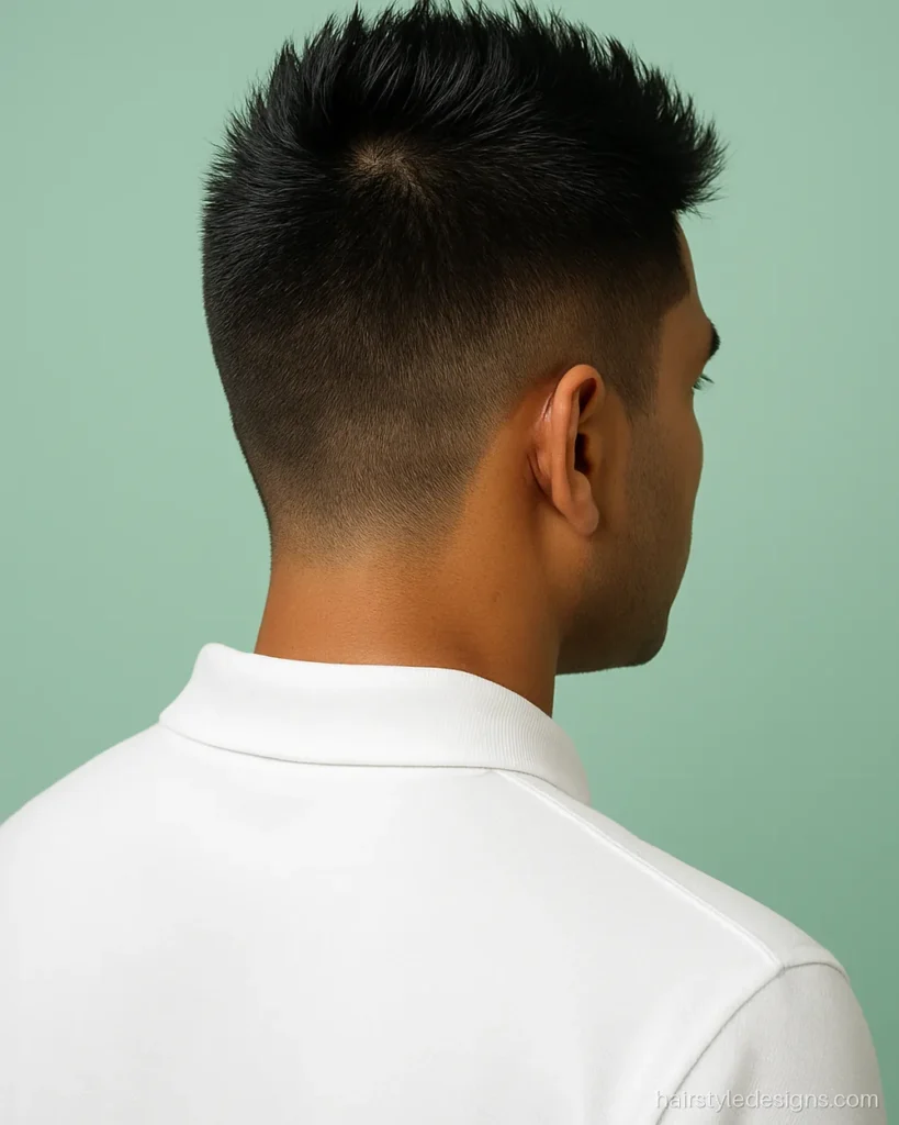 Short faux hawk hairstyle men with spiky ridge and tapered sides