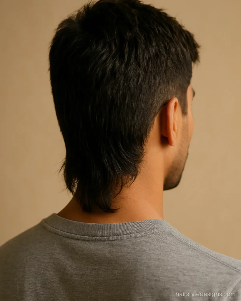 Short mullet hairstyle with neat sides and a small tail at the nape