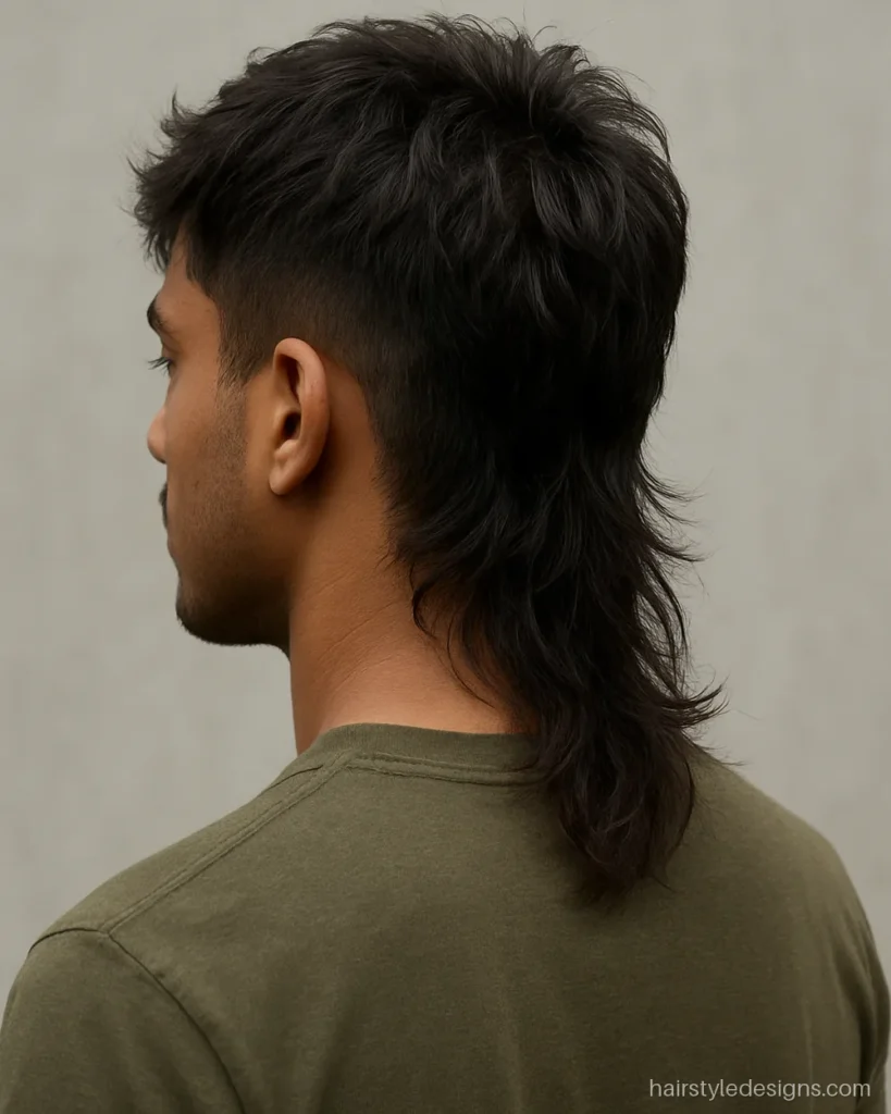 Textured mullet cut hairstyle with choppy crown layers and wispy back