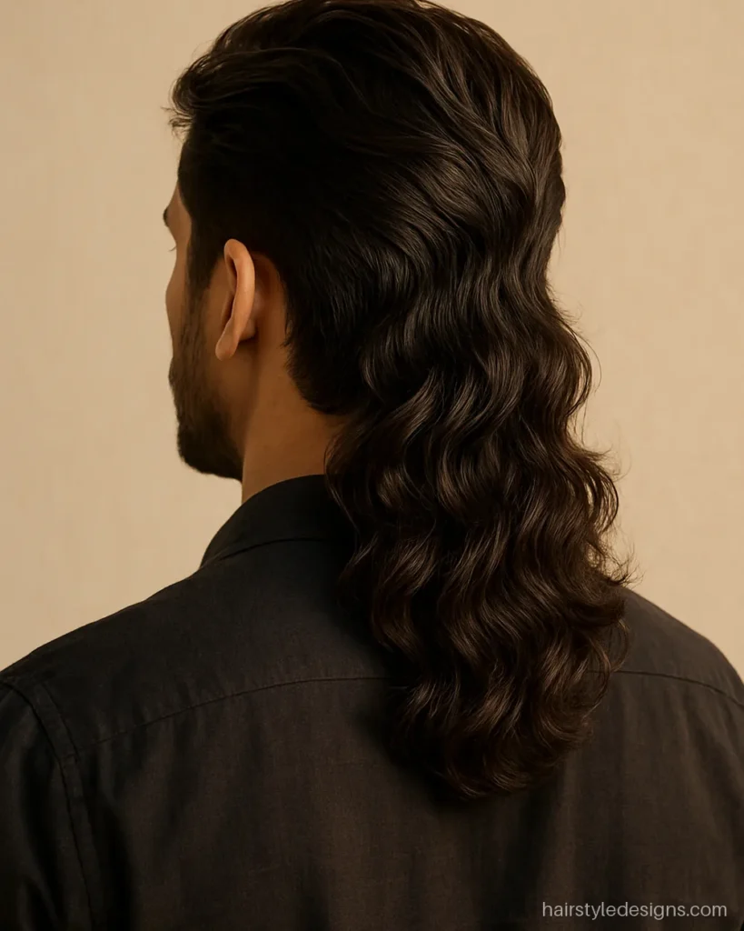 Mullet hairstyle long hair with loose waves falling past the collar