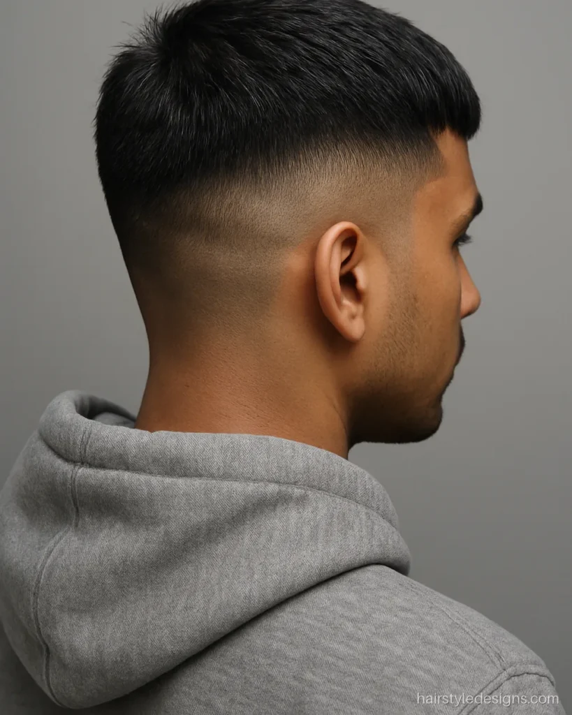 Latest hairstyle for men: French crop with a skin fade and blunt fringe