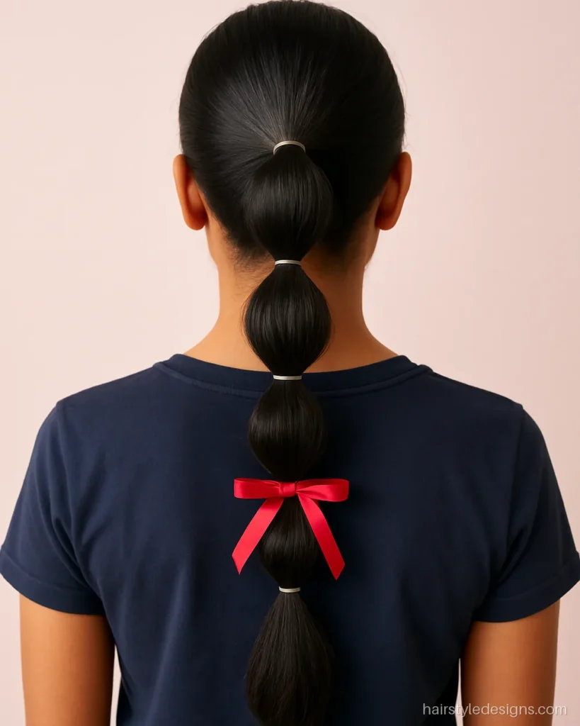Unique hairstyle for girls with a bubble ponytail and a satin ribbon