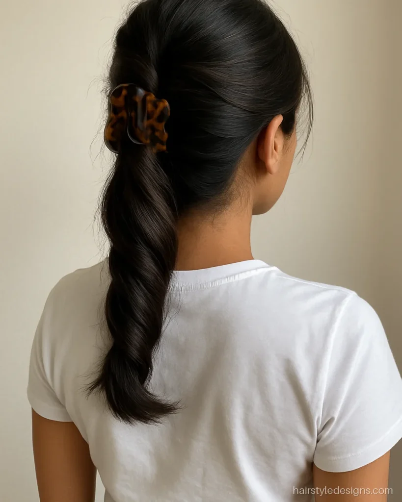 Jeans top hairstyle with a quick twisted claw clip updo