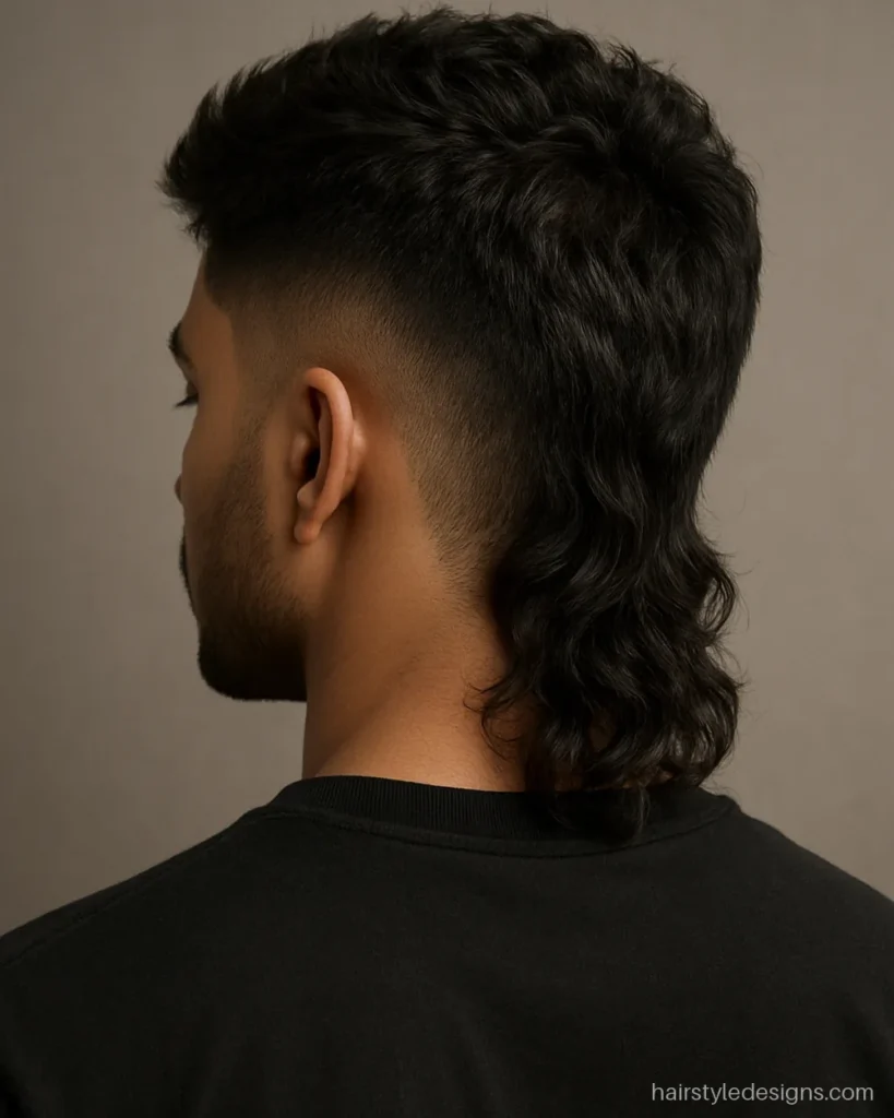 Trending hairstyle for men with a modern mullet and burst fade