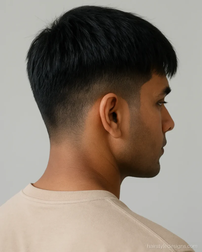 New hairstyle for men with a soft textured fringe and low taper