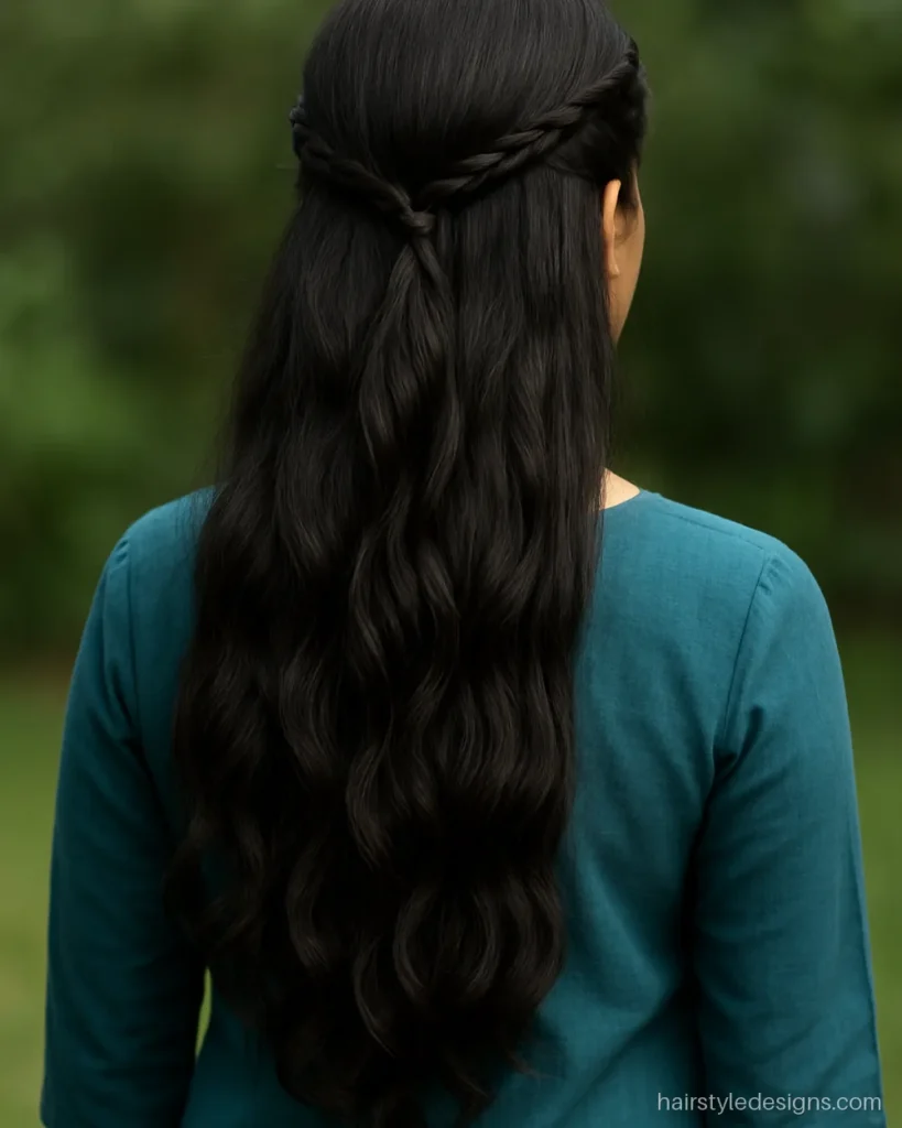 Unique new hairstyle with a braided crown and long open hair