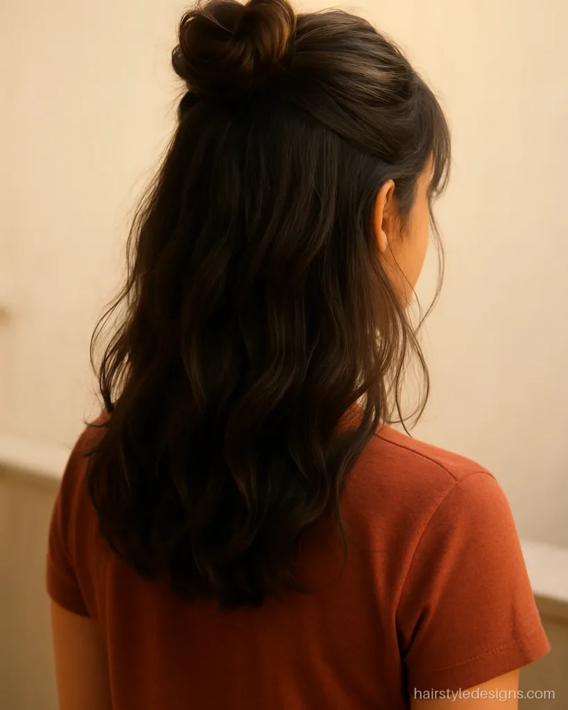 New trending hairstyle with a half-up mini bun over loose waves