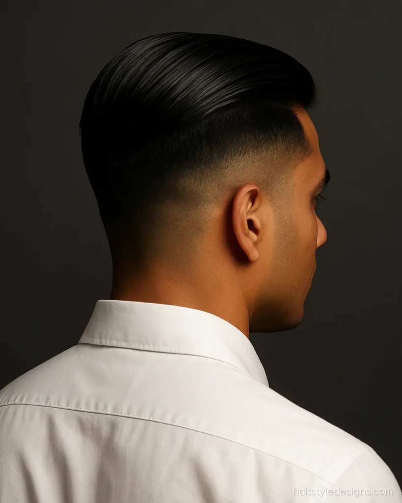 Stylish hairstyle for men: modern slick back with a low fade