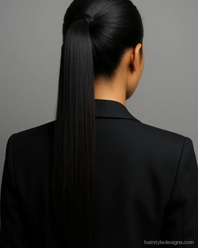 Stylish hairstyle with a sleek high ponytail wrapped at the base
