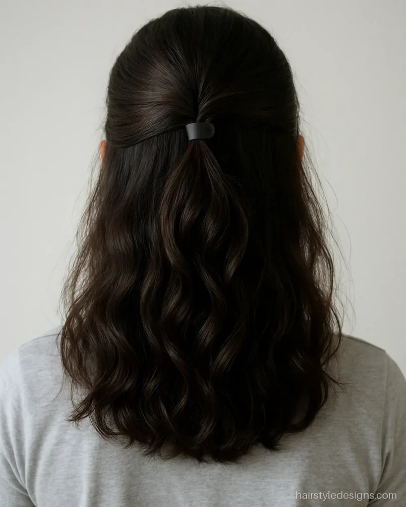 Open hairstyle with a twisted half-up section held in a small clutcher