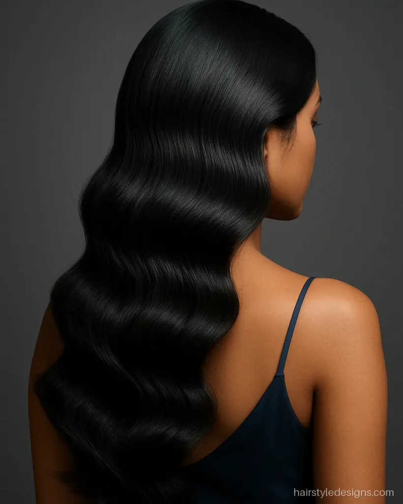 Hollywood waves hairstyle with glossy waves on one side for a gown