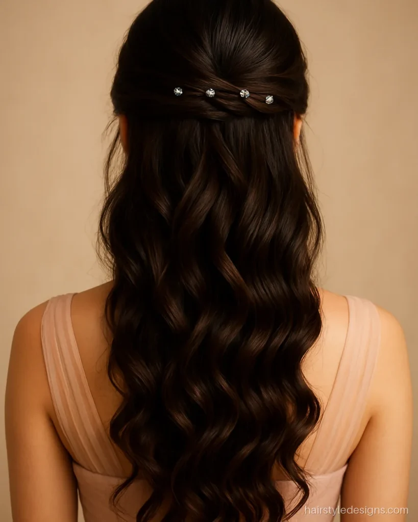 Loose curls hairstyle with small crystal pins for a reception gown