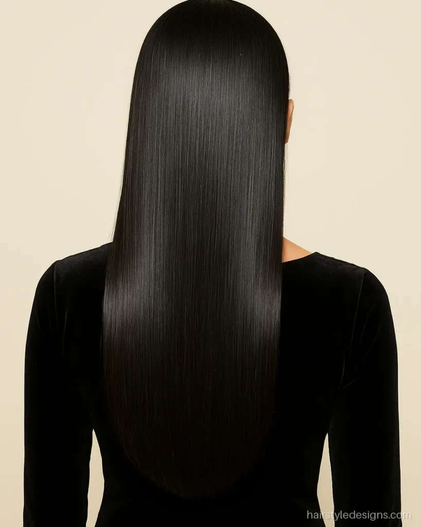 Sleek straight open hair hairstyle with a middle part for a gown
