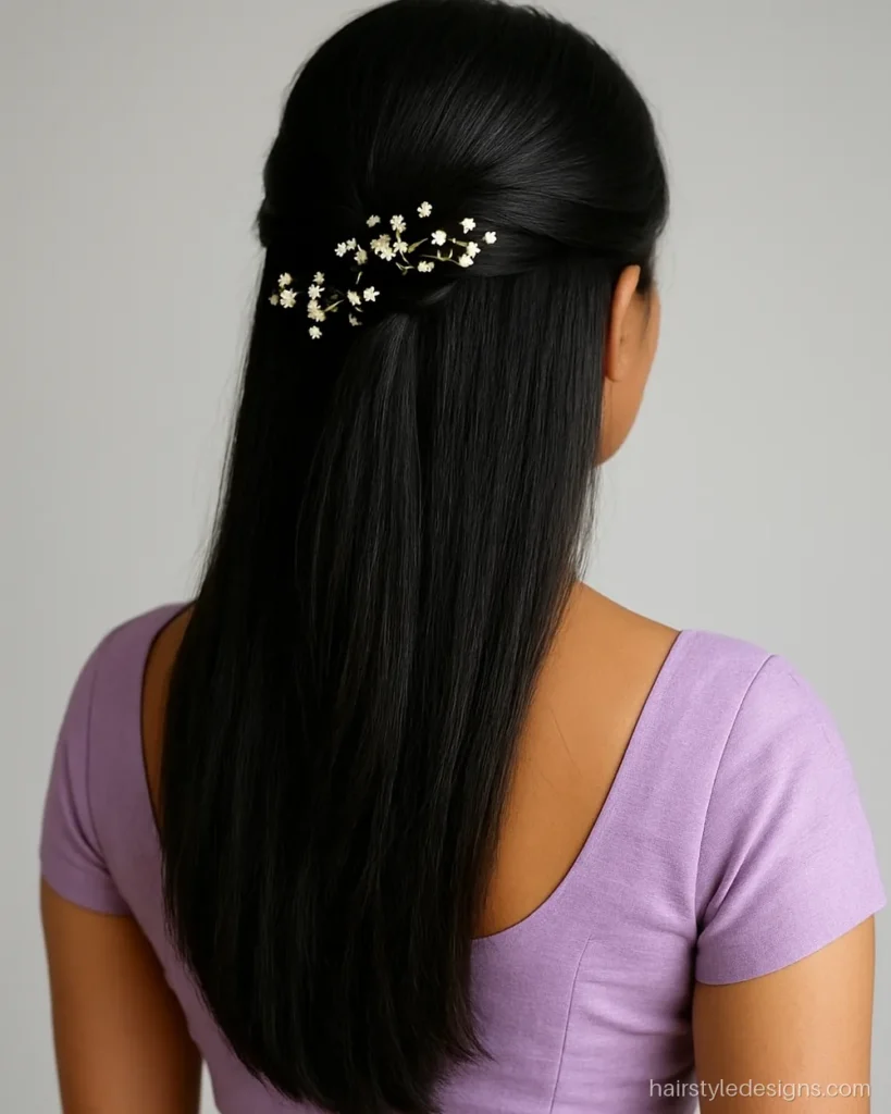 Open hairstyle with gypsy flowers along a half-up twist