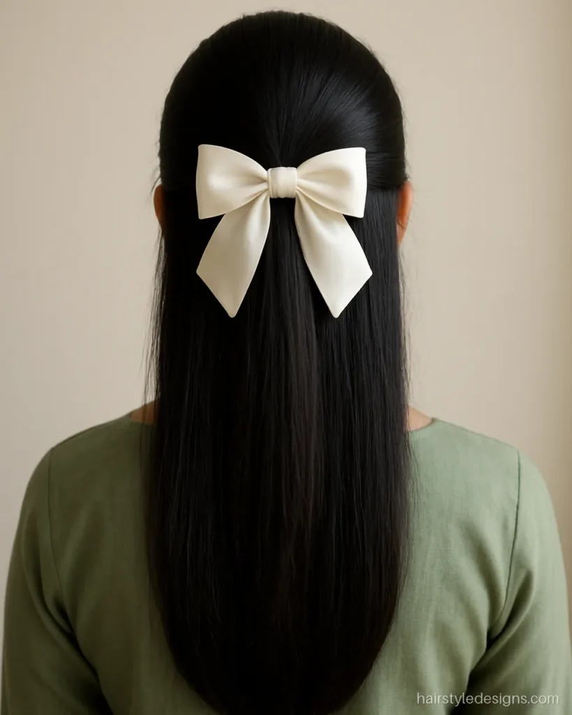 Half tie hairstyle on straight hair with a satin bow clip
