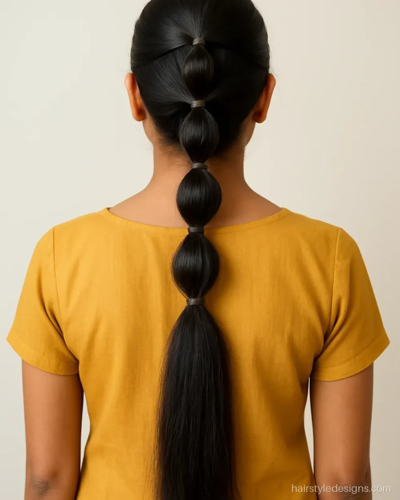 Half up half down hairstyle long hair with a bubble braid down the back