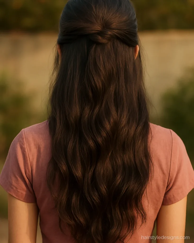 Half up half down hairstyle with a twisted knot and wavy lengths