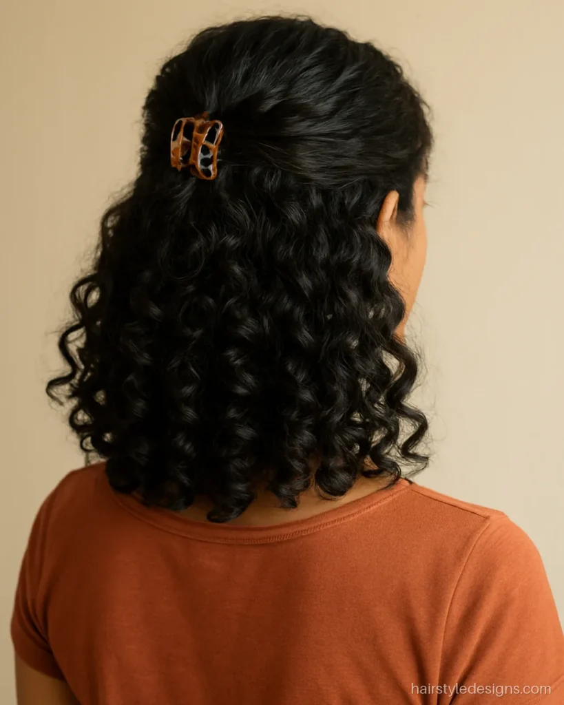 Open curls hairstyle with a claw clip holding the crown section