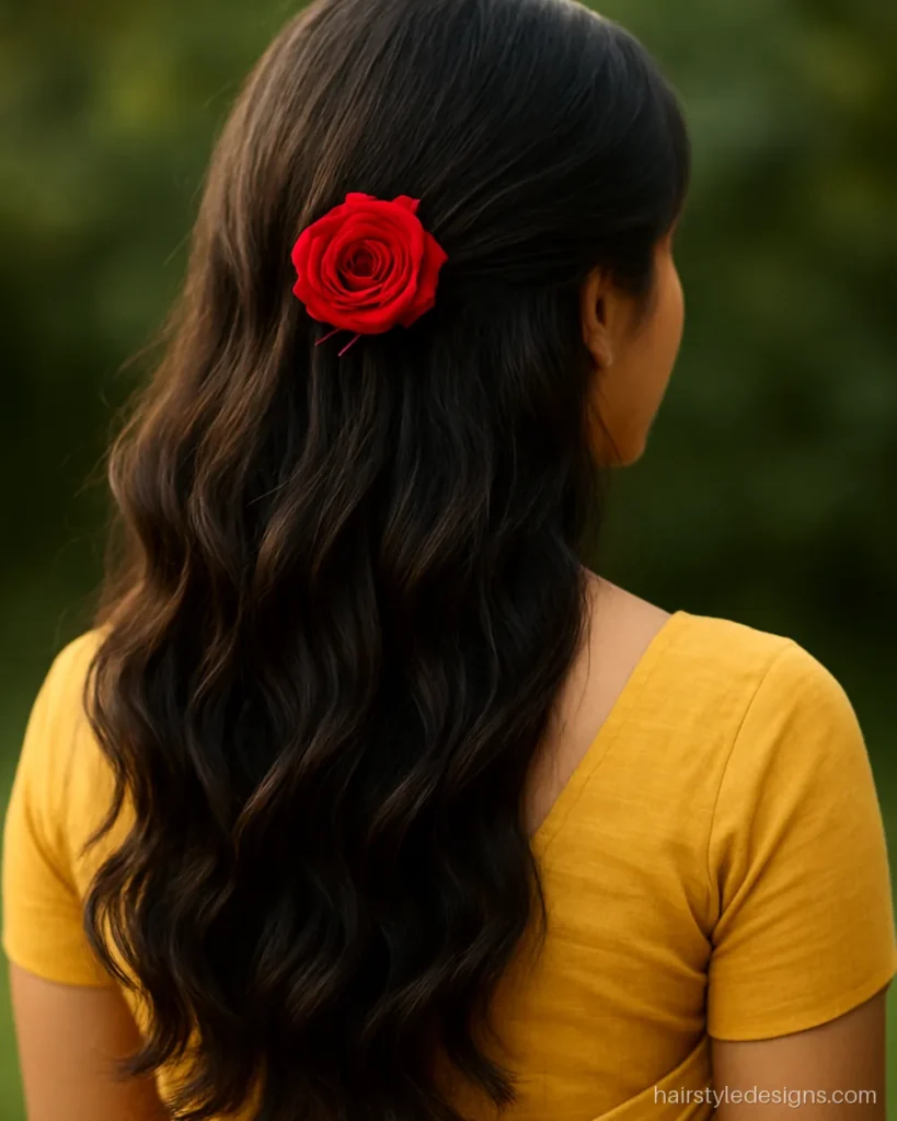 Open hairstyle with rose flower pinned behind one ear over soft waves