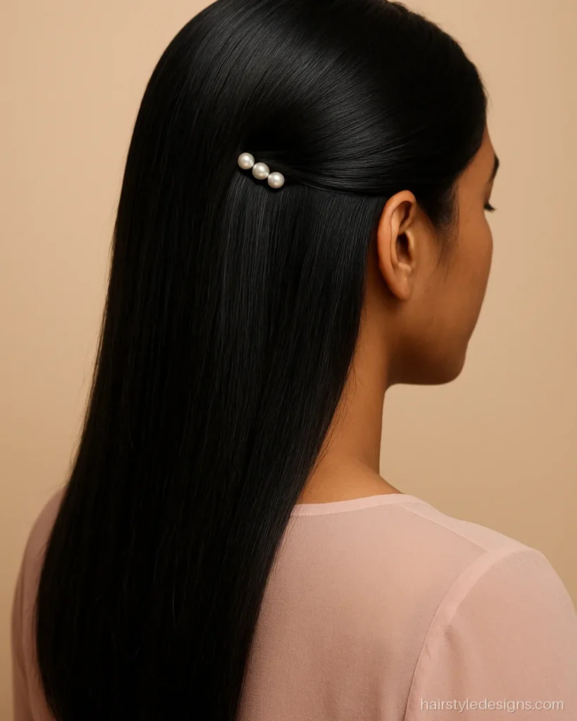 Open hair with three pearl clips in a row above one ear