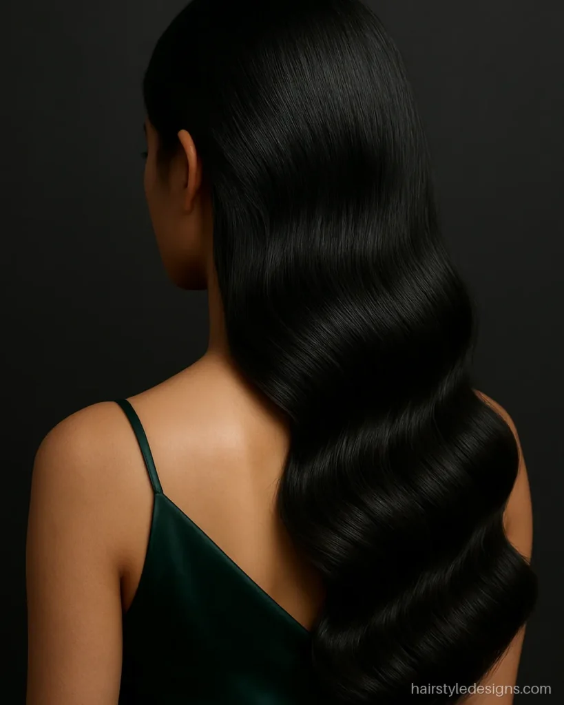 Side parted soft waves hairstyle swept over one shoulder