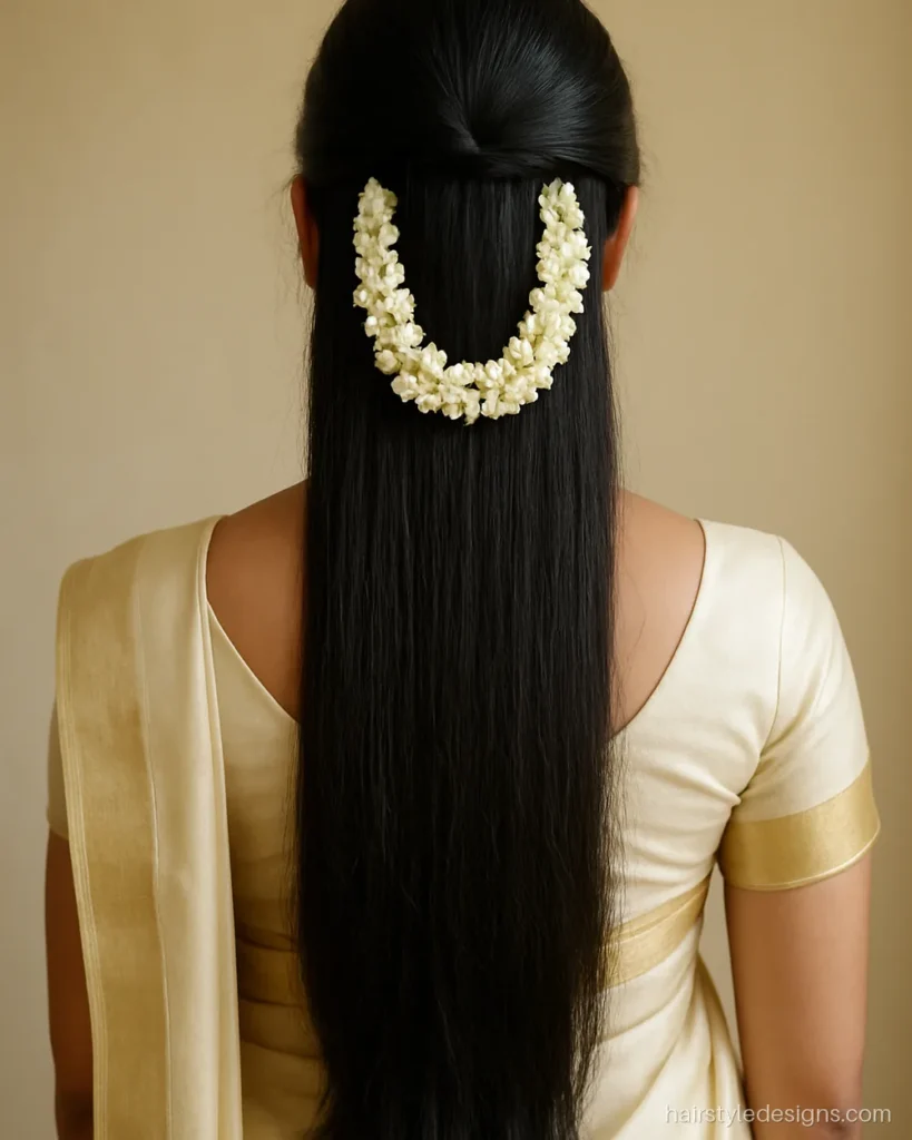 South Indian hairstyle open hair with jasmine strands pinned at the crown
