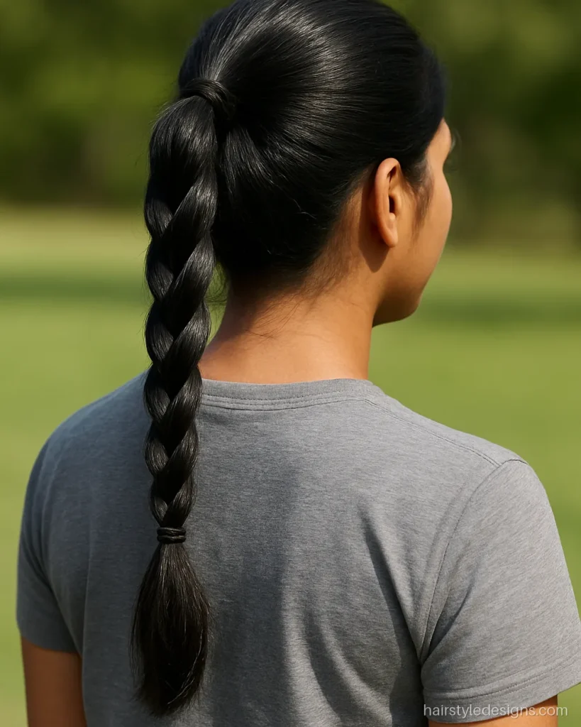 Pony hairstyle for girls with the tail braided and tied at the end