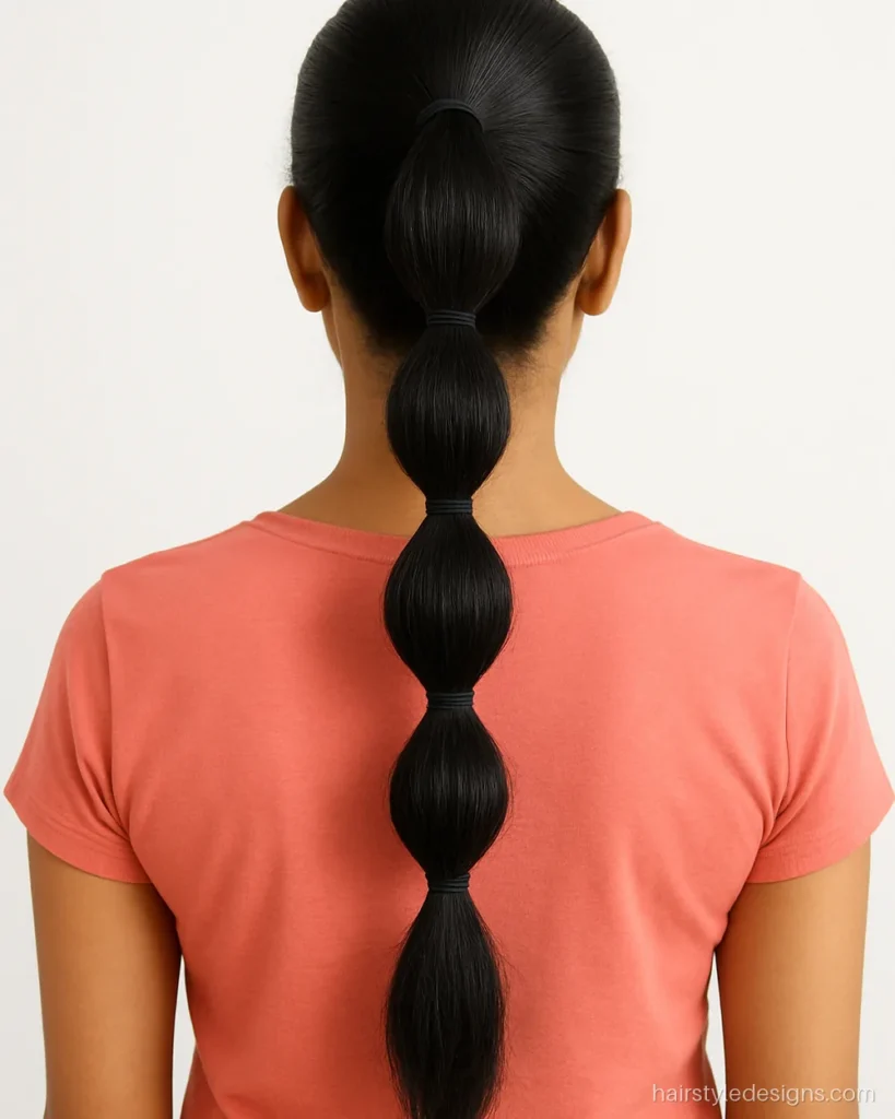 Bubble ponytail hairstyle with evenly spaced bubbles down a high pony