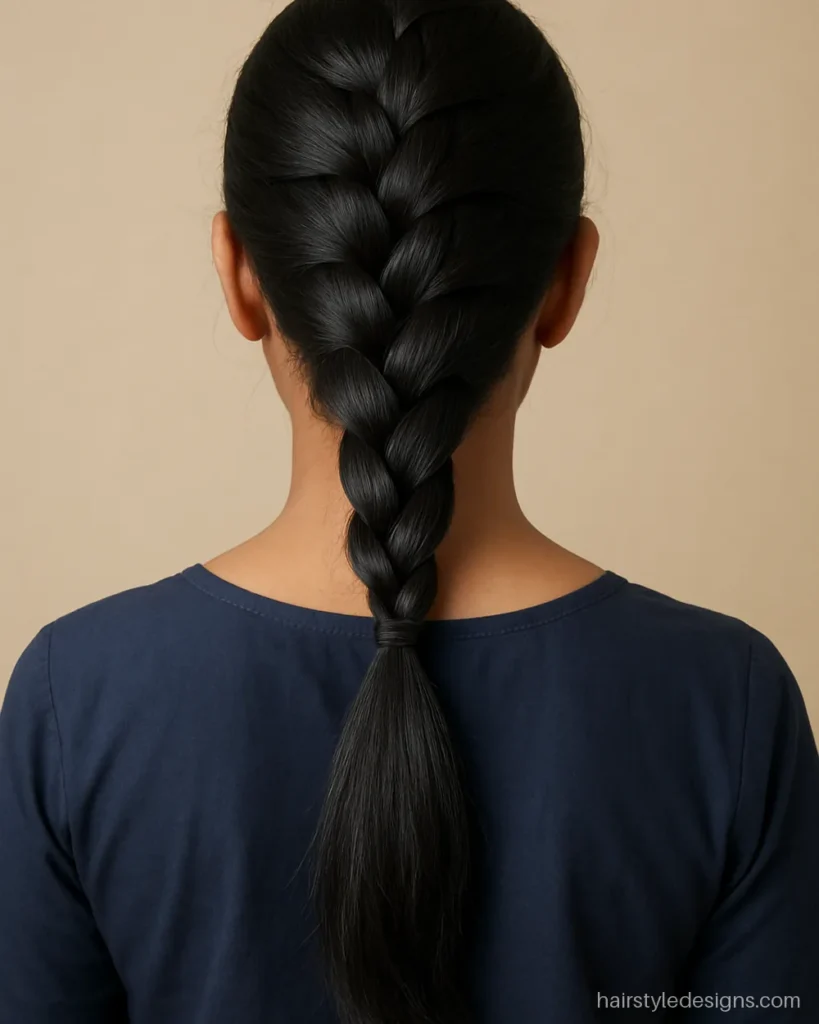 Braided ponytail hairstyle with a Dutch braid on top leading into a low pony